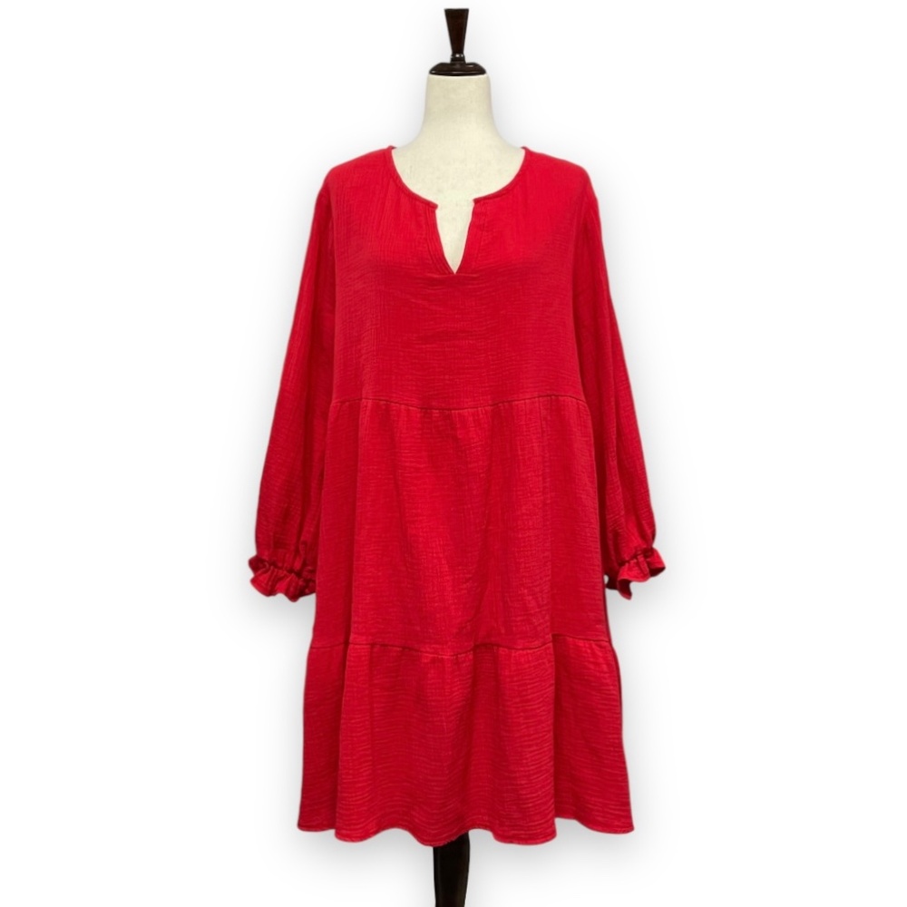 NWT Kaktus V-Neck Ruffle Cuff Tiered Red Gauze Dress Size L